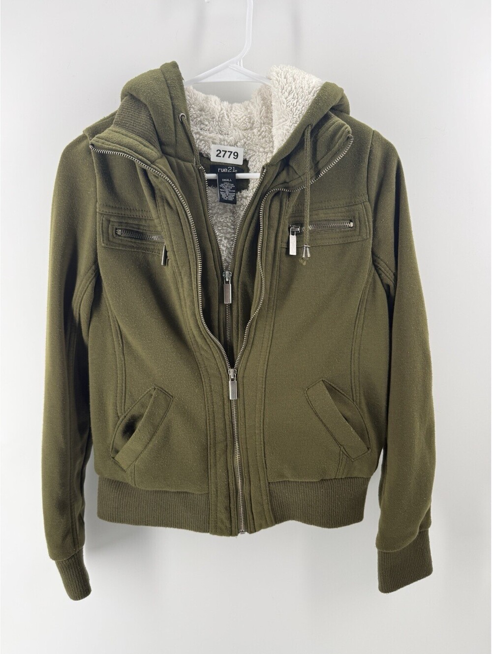 rue21 Green Sherpa Lined Full Zip Hooded Jacket w/ Pockets Women’s Size Small
